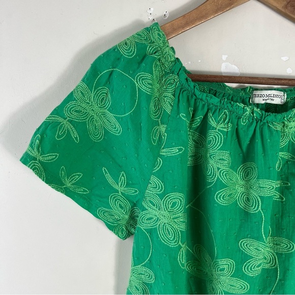 Terzo Millennio Green Size Large Made In Italy Cap Sleeve Embroidered Top Flowy - Picture 5 of 10